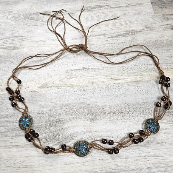 Boho Braided 5 Leaf Rhinestone Blue And Brown Beaded Woven Soft Tie Belt D0500 - Picture 5 of 12
